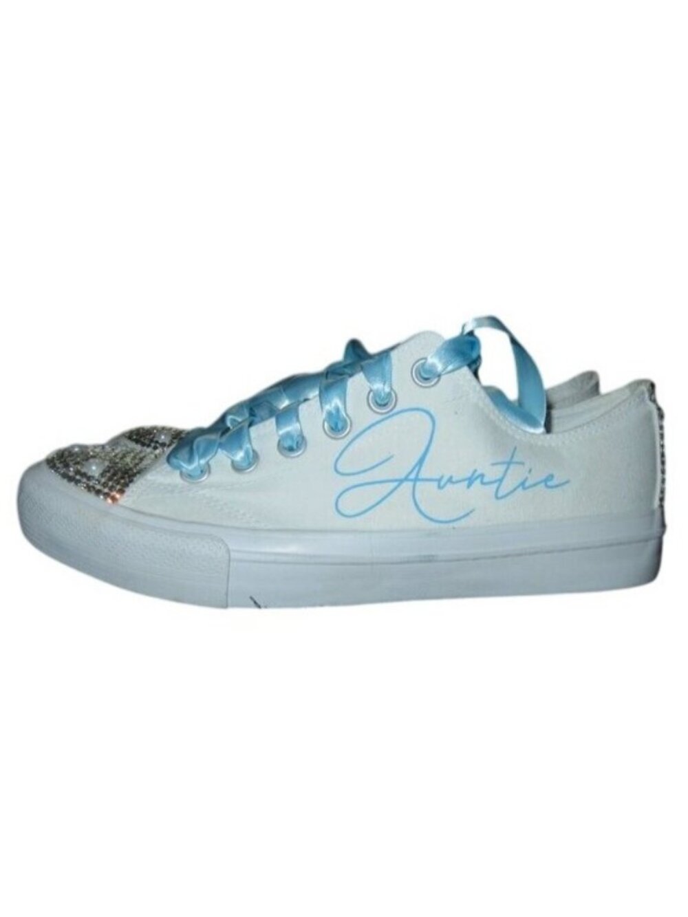 No Boundaries Auntie bling platform comfort sneakers in white & blue satin laces